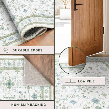 Washable Oushak 2x8 Bathroom Runner Rug - Vintage Turkish Floral 8ft Long Low Pile Non Slip Runners for Kitchen, Hallway - Cream Blue and Green