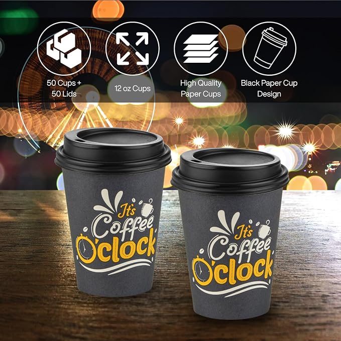Disposable Coffee Cups with Lids, To Go Paper Hot Cups, Coffee O'Clock Design - Image 2