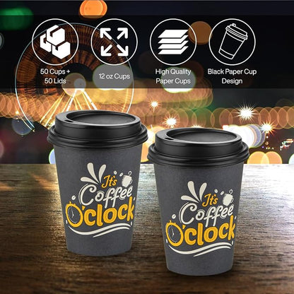 Disposable Coffee Cups with Lids, To Go Paper Hot Cups, Coffee O'Clock Design - Image 2