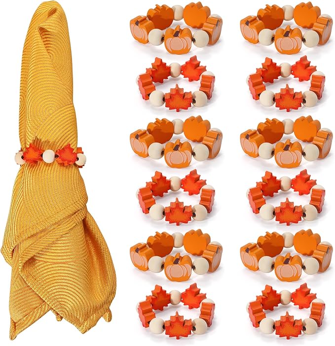 KPOSIYA Fall Napkin Rings Set of 12, Thanksgiving Pumpkin Maple Leaf Napkin by KPOSIYA