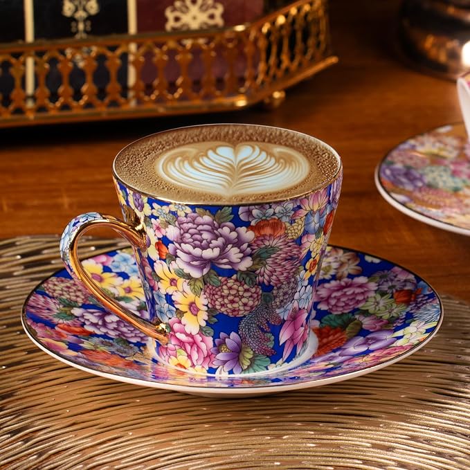 KAMMAK Tea Cup and Saucer, Ceramic Coffee Cups, 7.5 oz, Afternoon Tea and - Image 5