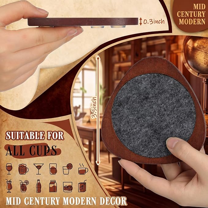 6 Pcs Mid Century Modern Coasters Wood Absorbent Coaster - Image 2