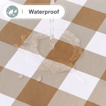 misaya Round Waterproof Vinyl Table Cloth, Buffalo Flannel Backed Tablecloth, Wipeable Plastic Table Cover for Dinner, Kitchen, Picnic (60", Brown and White)
