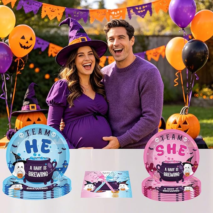 96 Pcs Halloween Gender Reveal Decorations, Baby Is Brewing Tableware Set | - Image 6