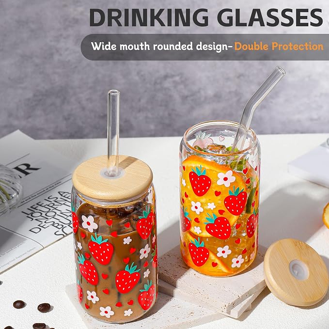Glass Cups with Lids and Straws with Design Strawberry 4 pcs, Glass Tumbler - Image 3