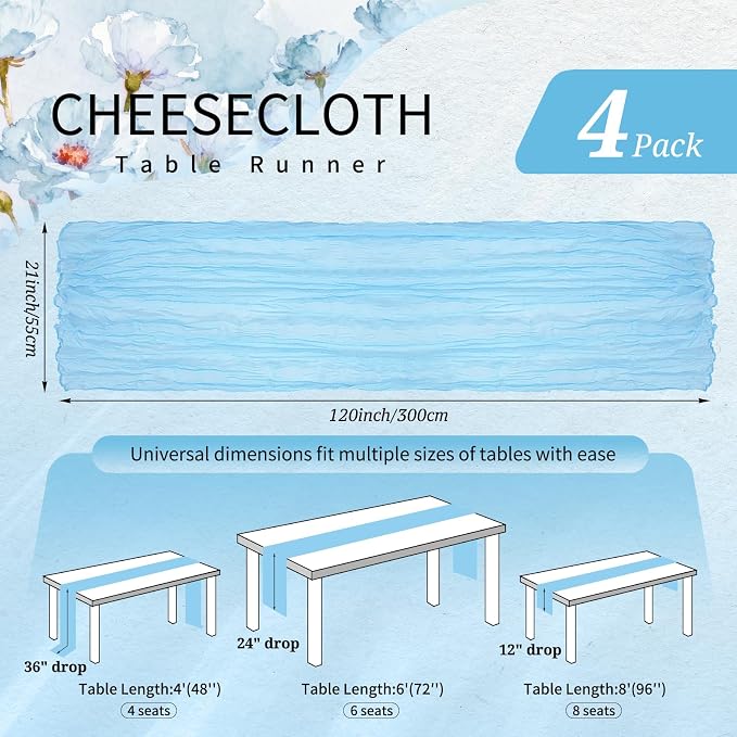 4 Pack Cheesecloth Table Runner 10FT Baby Blue Table Runner Light Blue Boho - Image 2