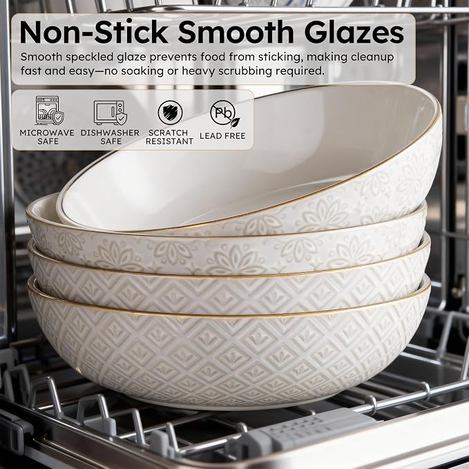 36 oz Pasta Bowl Set of 4 with Embossed Reactive Glaze, 8.5" Arctic white - Image 4