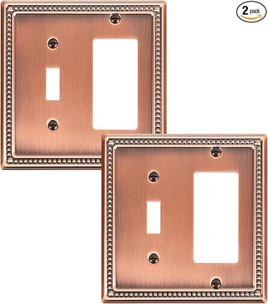 2-Pack Combo Toggle/Decorator Light Switch Cover Plate, Pearls Decorative Electrical Outlet Covers, Metal Wall Switch Plates and Outlet Covers, Antique Copper