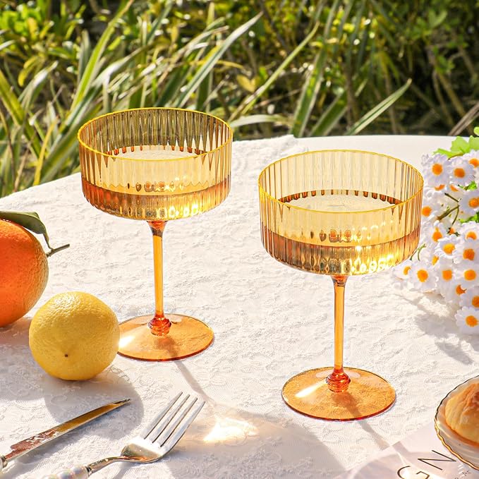 24 PCS Ribbed Coupe Glasses Amber Plastic Champagne Coupe Cup 10oz Detachable Gold Rim Espresso Martini Glass Vintage Margarita Glassware Cocktail Glass Disposable for Thanksgiving Wedding