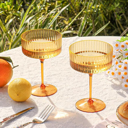 12 PCS Ribbed Coupe Glasses Amber Plastic Champagne Coupe Cup 10oz Detachable Gold Rim Espresso Martini Glass Vintage Margarita Glassware Cocktail Glass Disposable for Thanksgiving Wedding