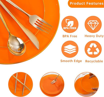 MirthMood 210PCS Orange Plastic Plates,Orange plastic Dinner Plates– Plastic Plates Set Includes 30 Dinner,30 Dessert Plate,30 Cup&50 Napkins, 30 Silverware for Wedding & Birthday Parties