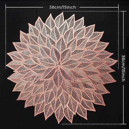 Placemats Set of 6, Round Hollow Out Flowers Place Mats for Dining Table Pressed Vinyl Blooming Leaf Table Mats for Holiday Party Wedding Accent Centerpiece Dinner Table Decoration (Rose Gold)