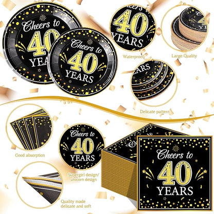 Pickmesh 250 Pcs 40th Birthday Disposable Tableware Set Black and Gold Cheers to 40 Years Disposable Paper Plates Napkins and Cups for 40th Birthday Wedding Anniversary Party Supplies Decorations