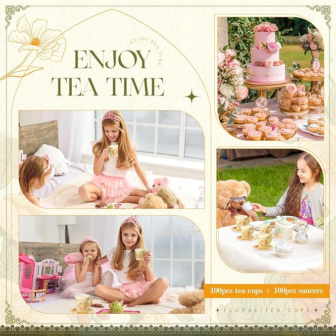 Nuogo 200 Pcs Floral Paper Tea Cups and Saucers 7 oz Disposable Paper Teacups - Image 7
