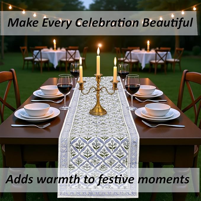 Light Steel Blue Hand Block Print 100% Cotton Table Runner 16x70 Inch | Perfect - Image 8