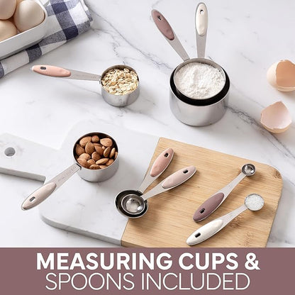 COOK WITH COLOR Stainless Steel Mixing Bowls Set and Measuring Cups- Nesting Bowls with Non-Slip Bottom and Easy-Grip Handles, Rose, 11 Pieces