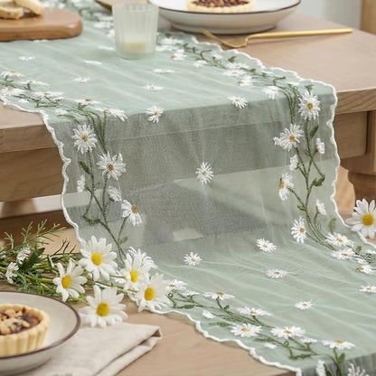Artoid Mode Daisy Floral Sage Green Shaped Gauze Embroidery Table Runner 120 - Image 7