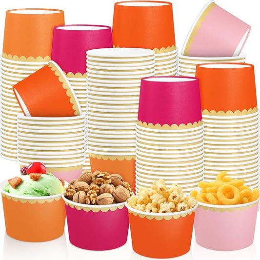 Zopeal 48 Pcs Pink and Orange Disposable Ice Cream Bowls 9oz Pink and Orange Gradient Color Paper Snack Cups with Gold Scallop for Parties, Weddings, Baby Showers, Desserts, Yogurt, and Salads
