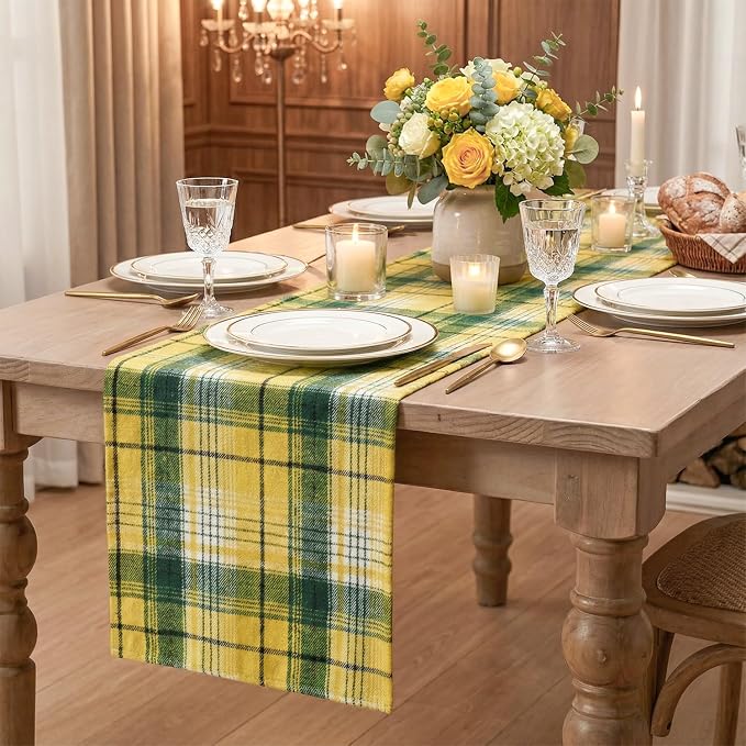 Artoid Mode Yellow Green Farmhouse Plaid Spring Table Runner, Winter Rustic - Image 7