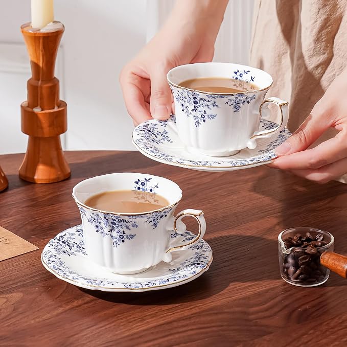 Ceramic Floral Cups with Saucers，7 oz Espresso Cups - Image 3