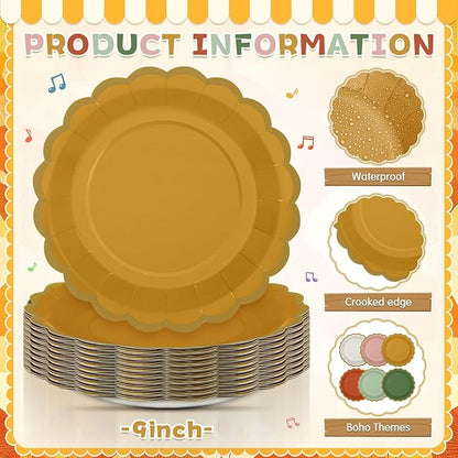 96 Pcs Fall Boho Paper Plates 9 Inch Gradient Scalloped Paper Disposable Dinner Dessert Plates for Birthday Wedding Bridal Party Supplies, 6 Colors