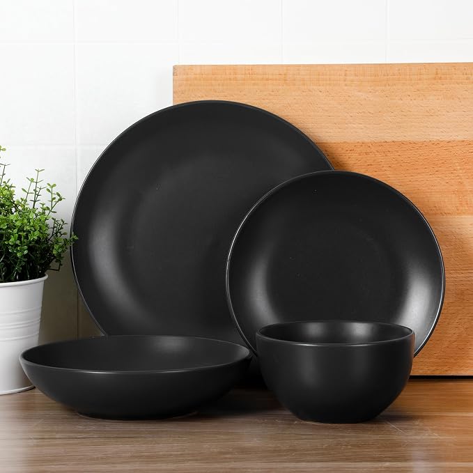 Gibson Home Queenslane 16-Piece Matte Black Stoneware Dinnerware Set – Double - Image 4