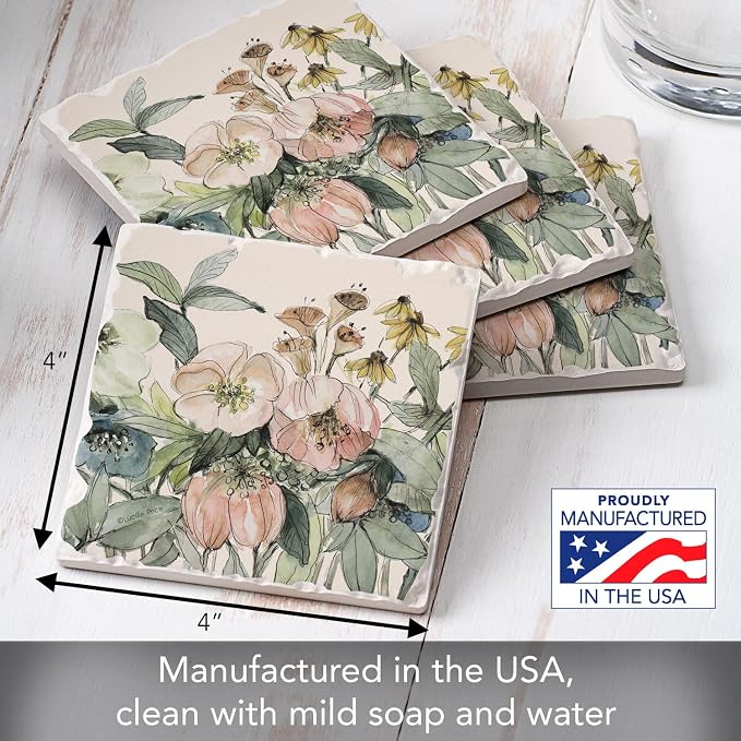 Thirstystone Floral Sketch 4 Pack Tumbled Tile Stone Coasters | 4" Square - Image 3