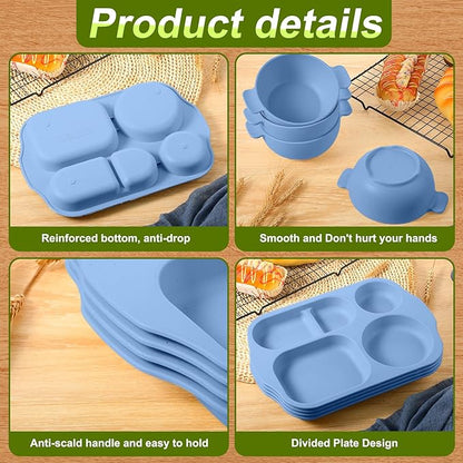 Tanlade 24 Pcs Wheat Straw Dinnerware Cutlery Sets, Divided Plates Unbreakable Bowl Microwave Dishwasher Safe Tableware Cutlery Spoon Knife Fork Cup(Blue)