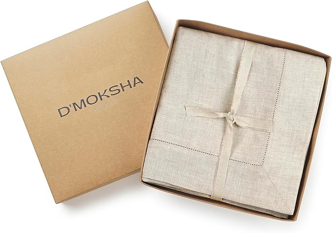 D'Moksha Homes Light Natural Linen Tablecloth for Rectangle Tables 60 x 90 Inch - 100% Pure Linen Natural Table Cloth - Classic Hemstitch, Machine Washable Tablecloth for Valentines, Spring, Easter