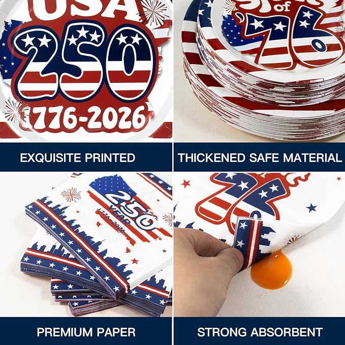 180Pcs 4th of July paper Plates and Napkins Party Supplies, Serve 60 | - Image 3