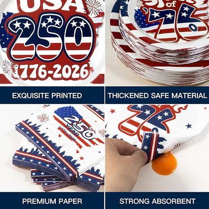 180Pcs 4th of July paper Plates and Napkins Party Supplies, Serve 60 | - Image 3