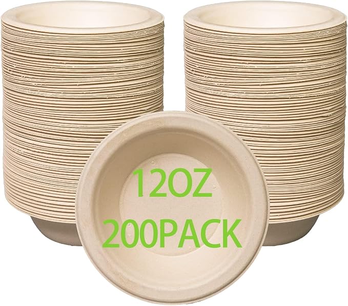 12 oz Compostable Paper Bowls 200pack Heavy-Duty Eco-Friendly Bulk Pack by Emlifepak
