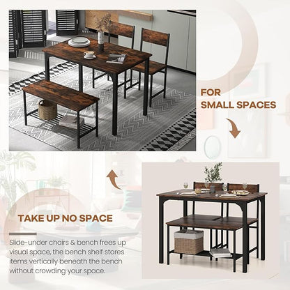 NAFORT Dining Table Set for 4 with Bench, Industrial Kitchen Table and Chairs, Rustic Brown Wood & Black Metal 4-Piece Dining Set for Apartment, Small Space, Kitchen & Dining Room