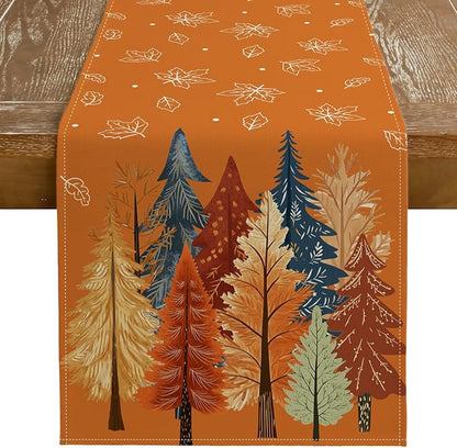 Fall Watercolor Trees & Maple Leaves Table Runner 13x48 Inch, Rustic Farmhouse by GEEORY
