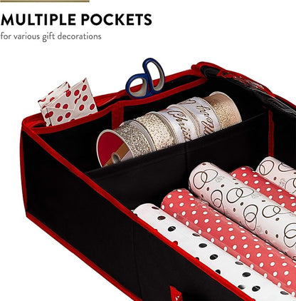 ZOBER Gift Wrapping Paper Organizer Storage - 40" Gift Wrap Storage Containers with Interior Pockets for Bows, Tags & Ribbons - Wrapping Paper Holder, 600D Oxford, Fits 24 Standard Rolls, Black/Red