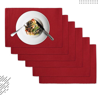 Encasa XO Dining Placemat Set of 6 | Solid Red Color | Fine Ribbed Cotton Table mat | Size 19x13 in | Machine Washable