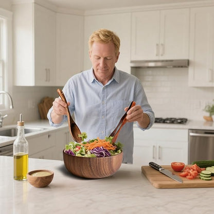 Salad Bowls, Wooden Salad Bowls Set, Large Acacia Wood Serving Bowl for Soup， Fruits，Popcorn，Big Salad Bowl with Serving Utensils（Includes a Spoon And a Pair Of Tongs.）