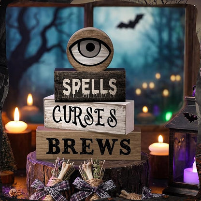 Moucuny 4 Pcs Halloween Table Decor Witchy Wooden Stacked Block Decor, "Spells - Image 7