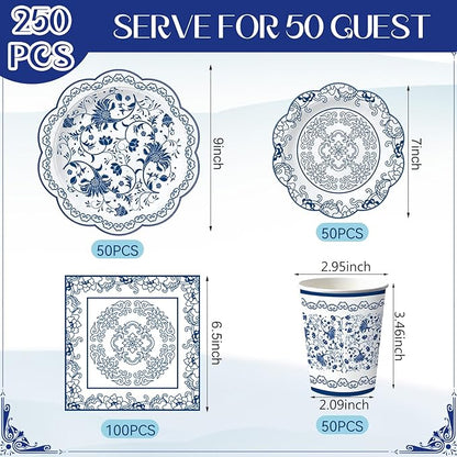 Pickmesh 250 Pcs Blue White Floral Disposable Tableware Set Blue and White Porcelain Pattern Disposable Paper Plates Napkins and Cups for Chinoiserie Baby Shower Birthday Wedding Tea Party Supplies