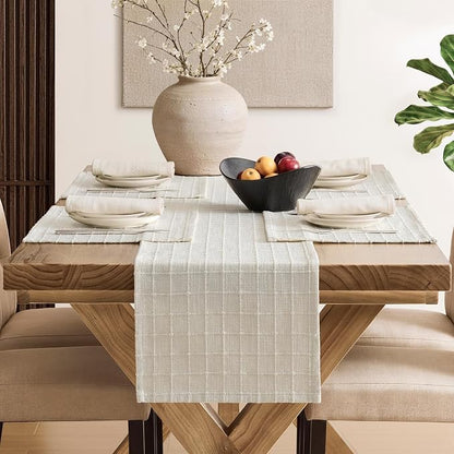 Artisanal Grid Linen Table Runner, 13x48 Inches Ivory | Heavy Textured - Image 4