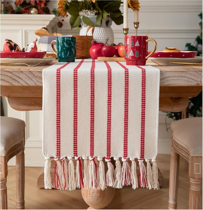 Caflife Christmas Table Runner 72 Inchs Long, Cotton and Linen Woven by Caflife