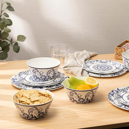 Bzyoo 12-Piece Melamine Dinnerware Set - Indigo Floral | Lightweight, Durable, BPA-Free | Dishwasher Safe Dish Set for Indoor & Outdoor Use - Perfect for Camping, BBQs, Kids Parties