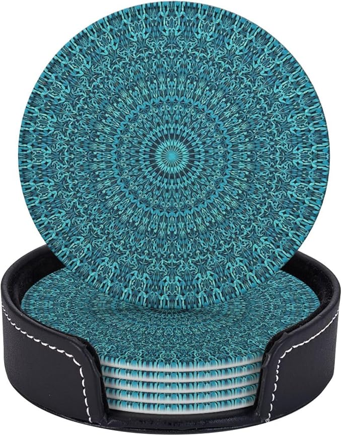 6 Pcs Mandala Turquoise Teal Blue Green Leather Coasters by CAPVKING
