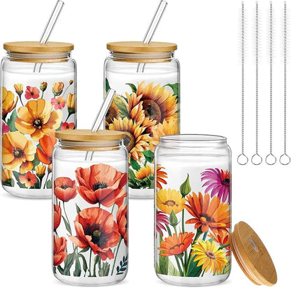 Mumufy 4 Pack Wildflower Glass Cups Gift Aesthetic Cute Glass Cup Tumbler by Mumufy