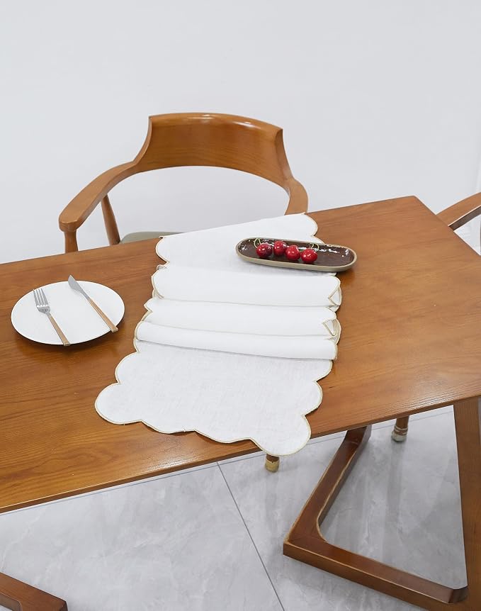 100% Natural Linen Rustic Scalloped Embroidery Table Runner 132 Inches Long - Image 4
