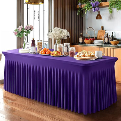 Wish Care 6 Pack Dark Purple Spandex Table Clothes for 8 Foot Rectangle Tables, 8FT Wrinkle Free Fitted Tablecloths Ruffles Design Table Cover for Party, Banquet, Wedding and Events