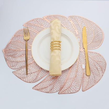 Evevda Rose Gold Leaf Shaped Vinyl Placemats for Dinner Table Set of 8 Metallic Plastic Place Mats Wipeable 8Pcs Table Mats for Wedding Annersary Dinner Table Decoration Mats(17.7x13.8inch/45x35cm)…