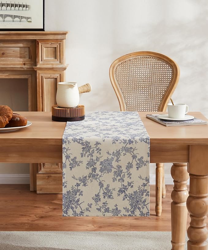 French Pastoral Farmhouse Table Runners, 13x36 Inch Blue | 100% Organic Cotton - Image 2