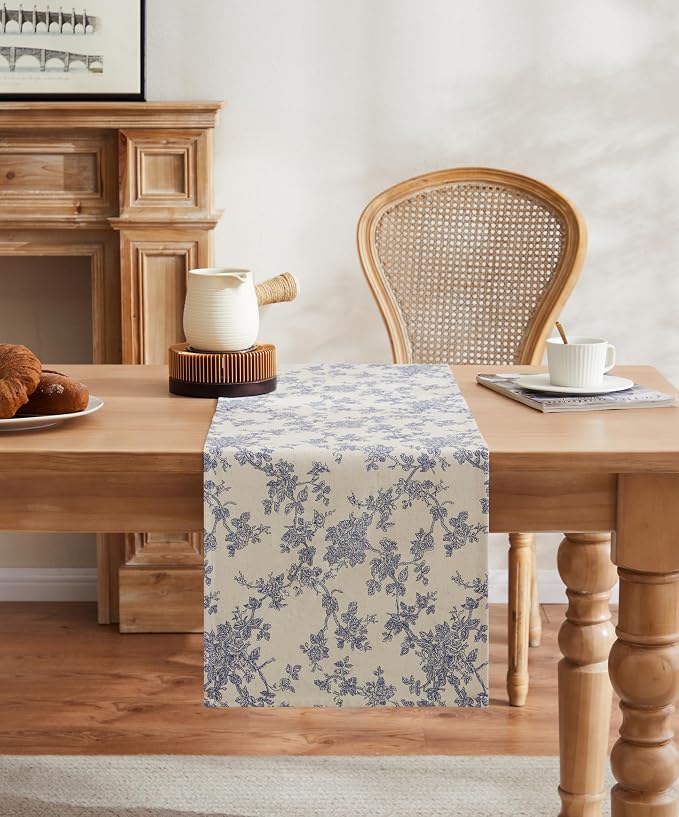 French Pastoral Farmhouse Table Runners, 13x60 Inch Blue | 100% Organic Cotton - Image 2