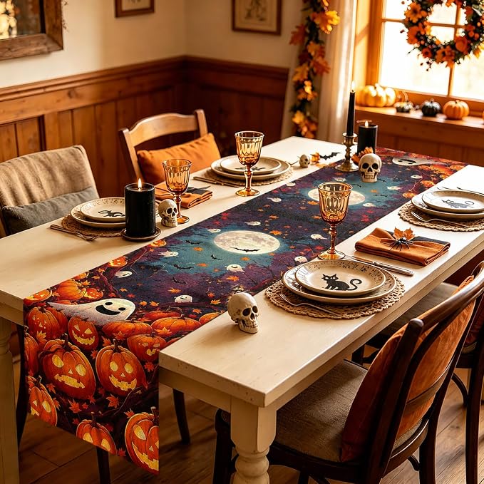 13x72in Halloween Table Runner, Pumpkin Ghost Halloween Decor - Image 7